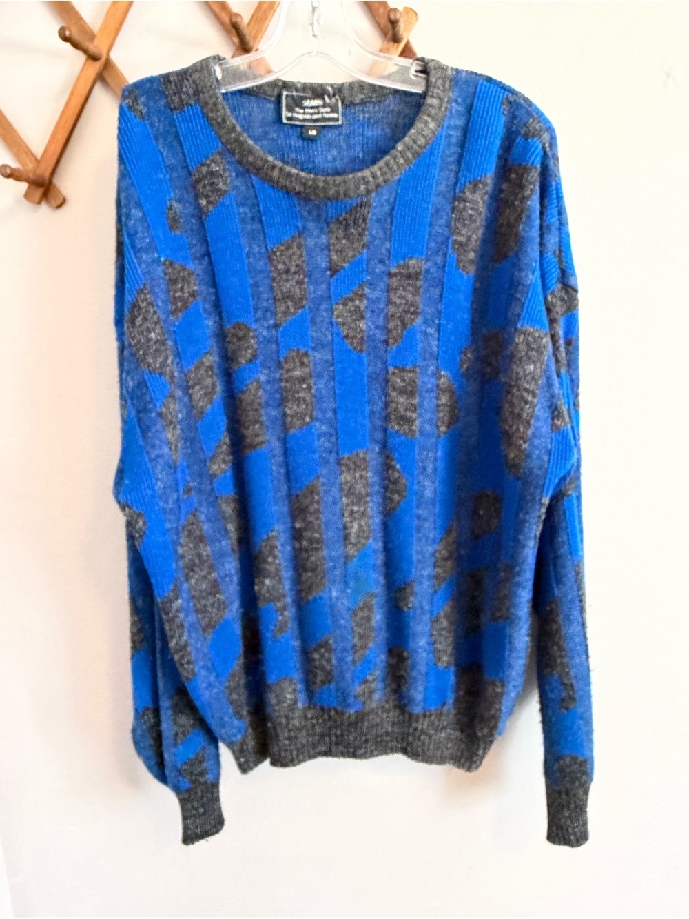 Sears The Men's Store Vintage 80s Geometric Knit Pullover Sweater Blue Grey L/G